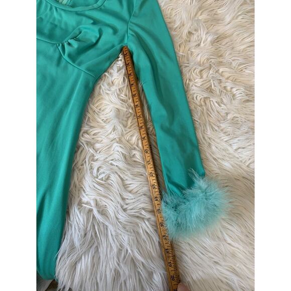 vintage 1960s 70s maxi dress emerald green long sleeve feather cuffs - Picture 8 of 9